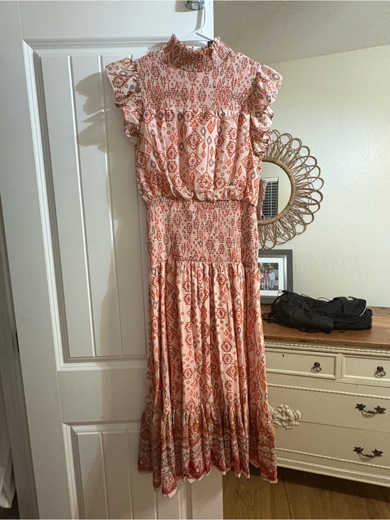 Aqua Dresses & Skirts - Aqua Peach and Coral Printed Smocked Midi Dress